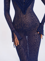 Ilyse Navy V-Neck Plunge Animal Print Mermaid Hem Maxi Dress