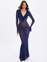 Ilyse Navy V-Neck Plunge Animal Print Mermaid Hem Maxi Dress