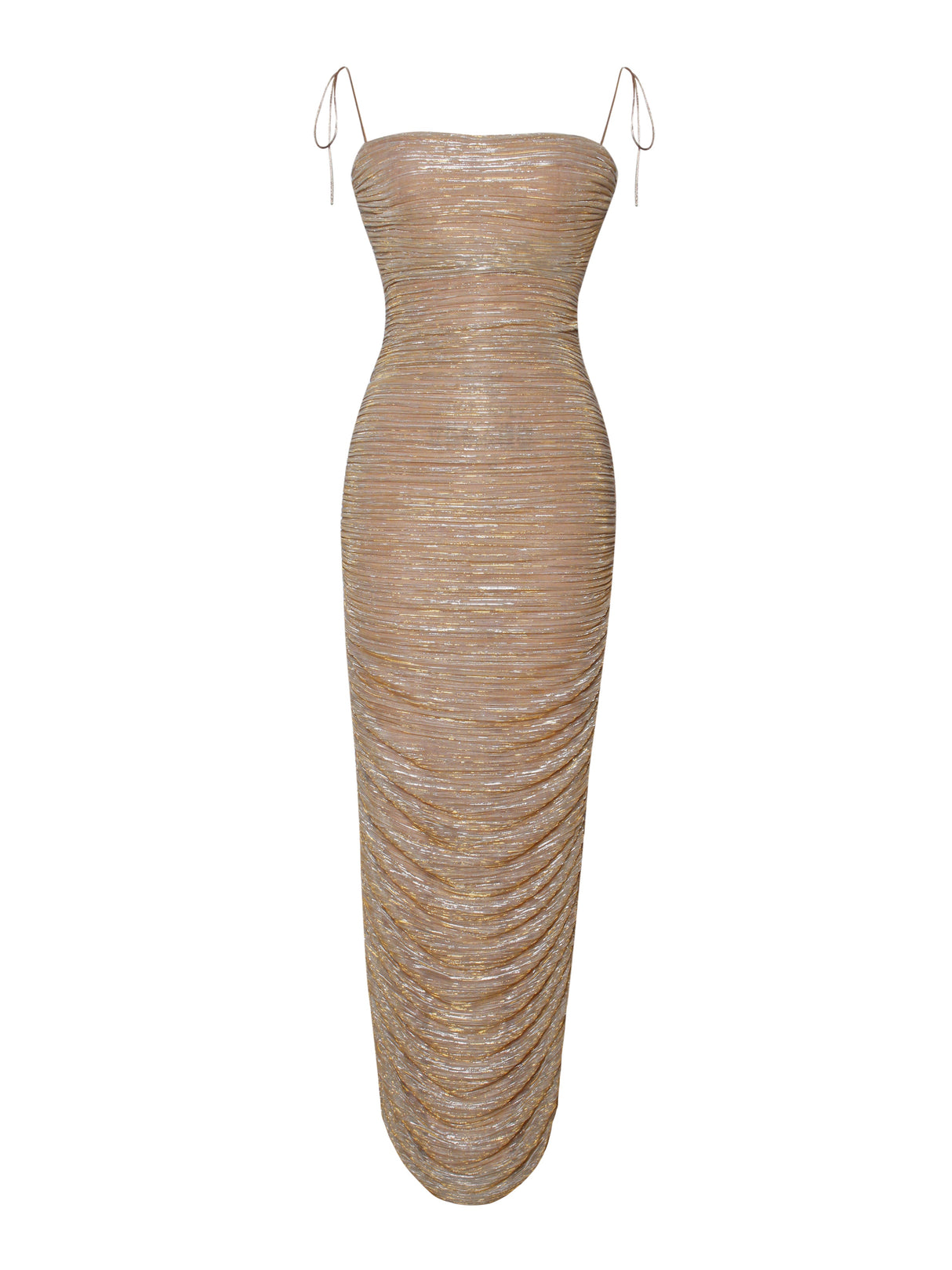 The Glint Gold Ruched Chiffon Long Maxi Dress