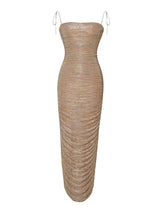 The Glint Gold Ruched Chiffon Long Maxi Dress