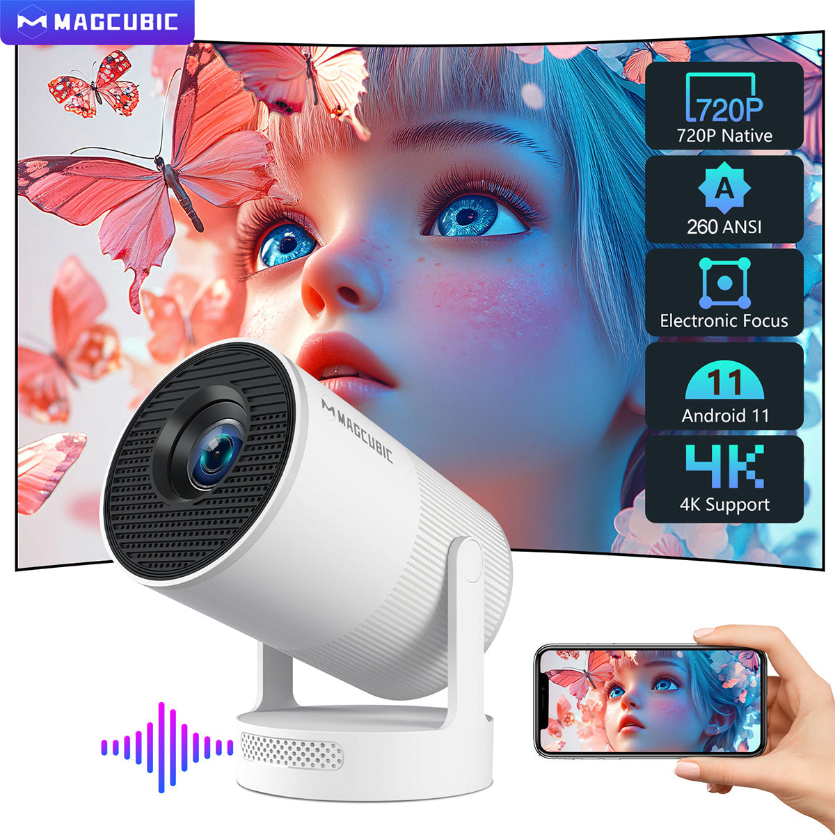 Magcubic 4K HY300 UItra Portable Projector with Electronic Focus 720P 260ANSI Speaker Android11 BT5.4 180° flexible Home Outdoor