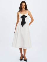 Corinne White Poplin Flared Maxi Dress with Removable Bow
