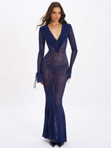 Ilyse Navy V-Neck Plunge Animal Print Mermaid Hem Maxi Dress