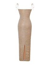 The Glint Gold Ruched Chiffon Long Maxi Dress