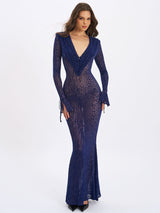 Ilyse Navy V-Neck Plunge Animal Print Mermaid Hem Maxi Dress