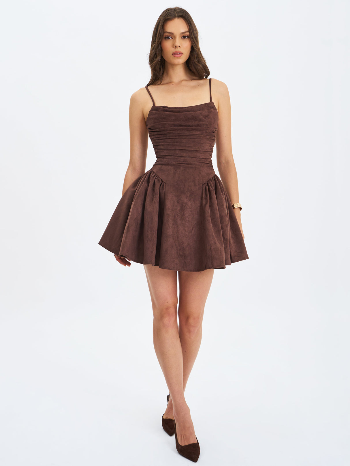Raisa Mahogany Vegan Suede Ruched Mini Dress