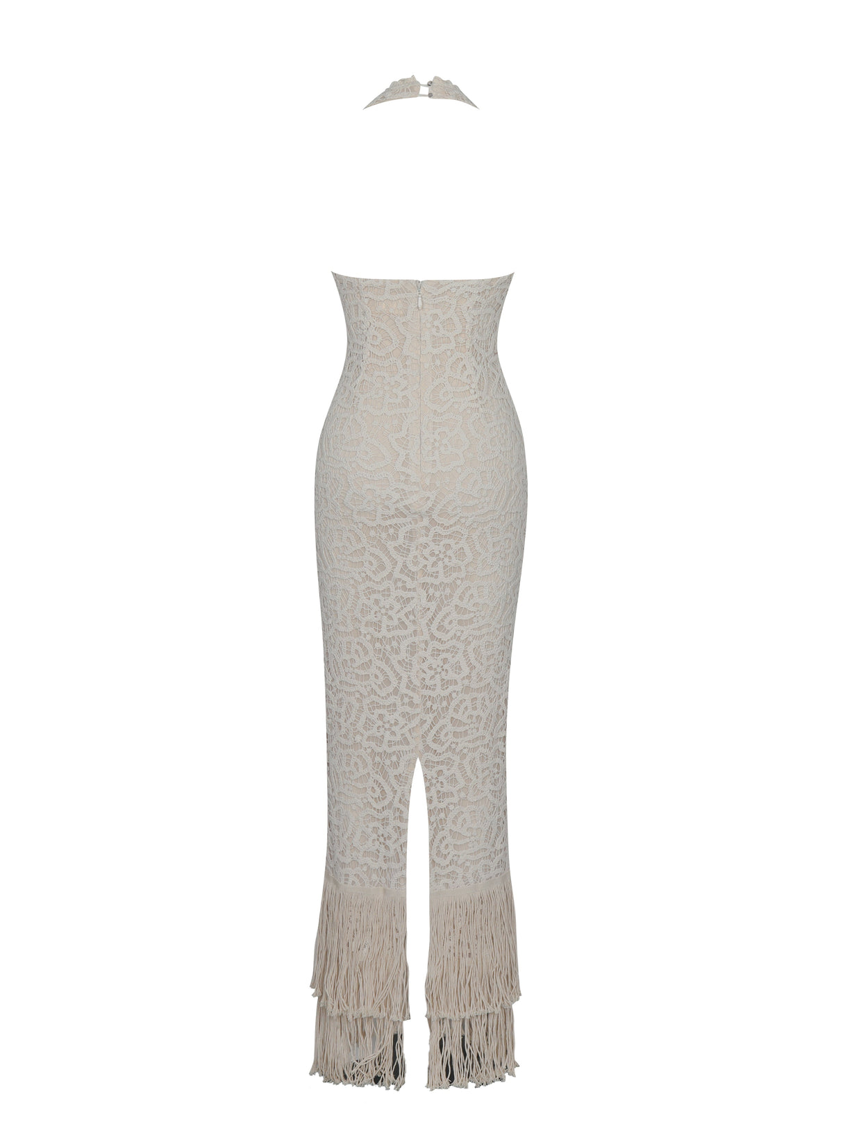 Faelyn Off-White Double Fringe Crochet Halter Maxi Dress
