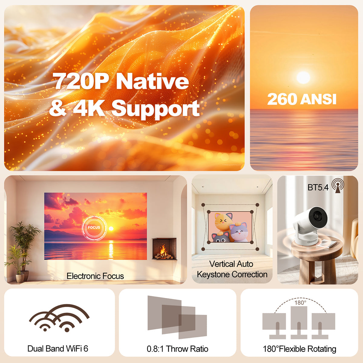 Magcubic 4K HY300 UItra Portable Projector with Electronic Focus 720P 260ANSI Speaker Android11 BT5.4 180° flexible Home Outdoor
