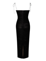 The Glint Black Ruched Chiffon Long Maxi Dress