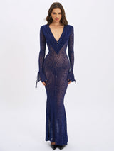Ilyse Navy V-Neck Plunge Animal Print Mermaid Hem Maxi Dress