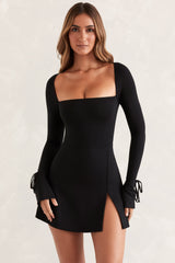 Square Neck Long Sleeve Mini Dress in Black