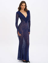 Ilyse Navy V-Neck Plunge Animal Print Mermaid Hem Maxi Dress