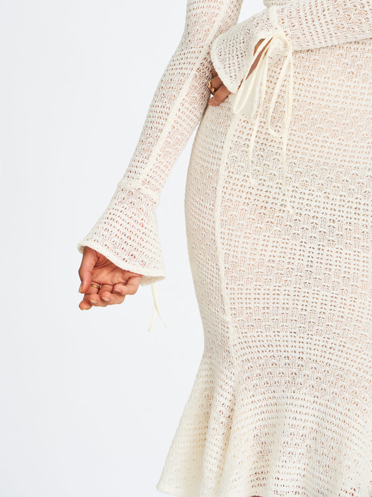 Pamina Beige Crochet Long Sleeve Midi Flare Mermaid Dress