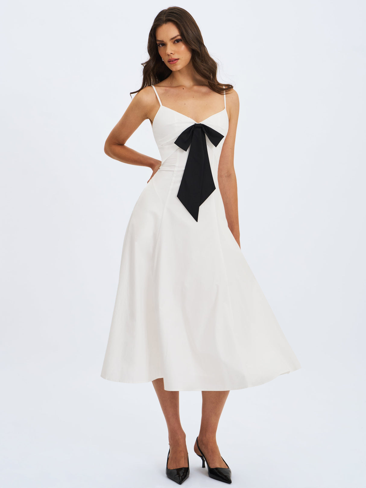 Corinne White Poplin Flared Maxi Dress with Removable Bow