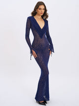 Ilyse Navy V-Neck Plunge Animal Print Mermaid Hem Maxi Dress
