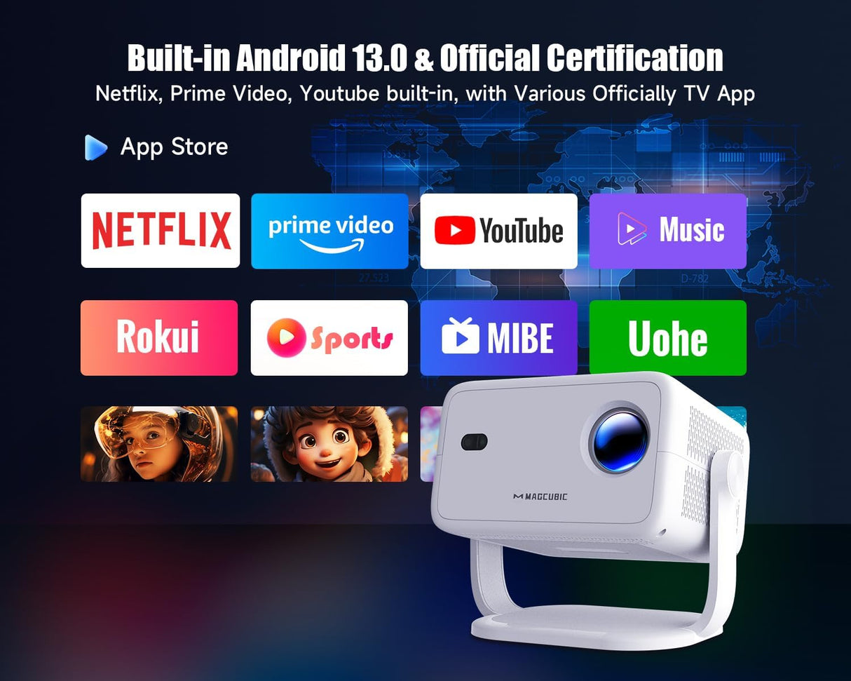 [Netflix Licensed]L018NTV 4K Projector with Wifi and Bluetooth, Built-in Android 13, Smart 1080P Projector, Auto Focus & Auto Keystone Correction with Voice Control Home Theater/Outdoor