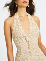 Faelyn Off-White Double Fringe Crochet Halter Maxi Dress