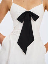 Corinne White Poplin Flared Maxi Dress with Removable Bow