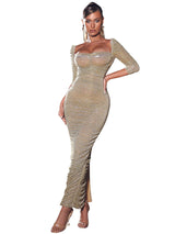 Sorrel Gold Ruched Chiffon Long Maxi Dress